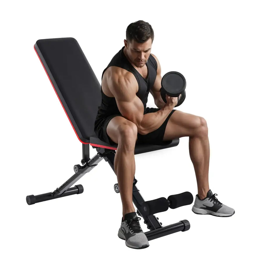 Black and red adjustable weight bench with padded seat and backrest
