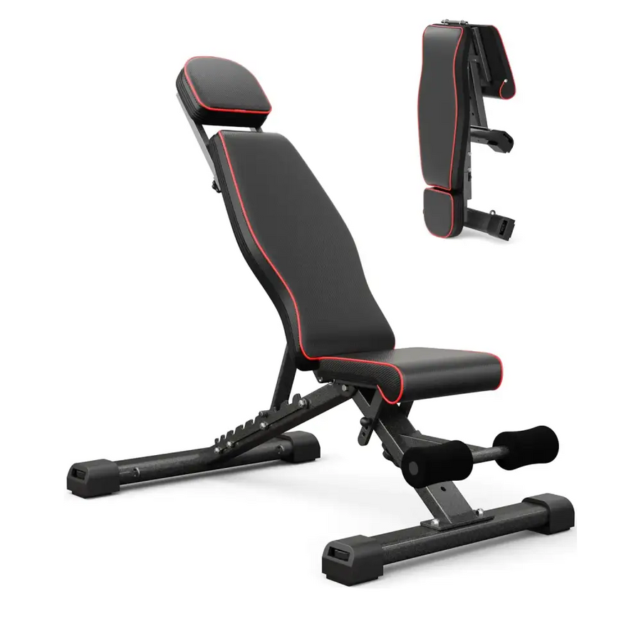 Black adjustable weight bench with red stitching and padded upholstery.