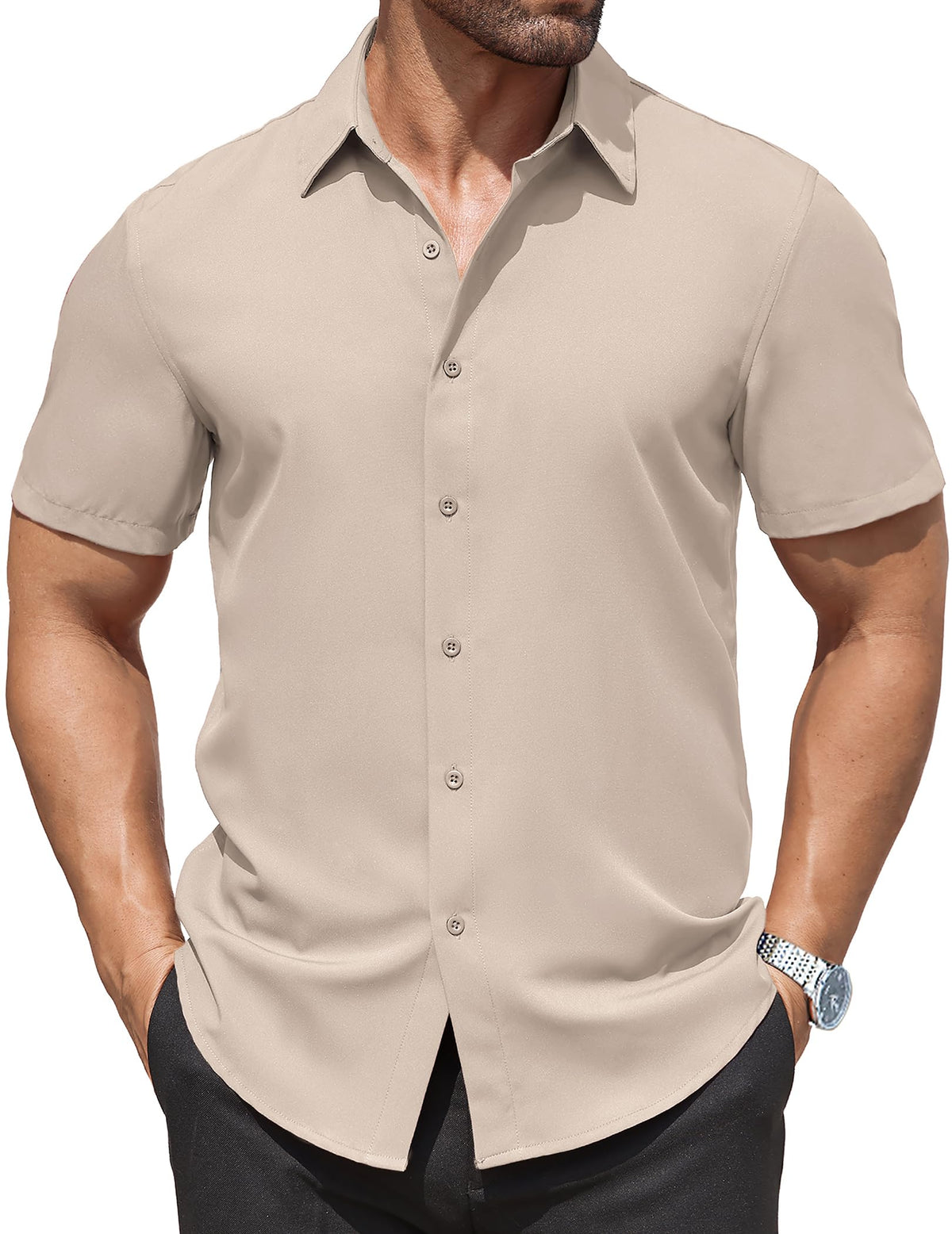 COOFANDY Mens Casual Button Down Dress Shirts Stain Shield Short Sleeve Shirt Summer Slim Fit Business Untucked Shirt