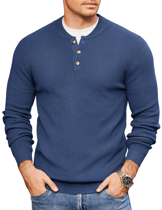 COOFANDY Mens Henley Sweater Pullover Lightweight Fitted Long Sleeve Dress Sweater Casual Winter Sweat Shirts Blue