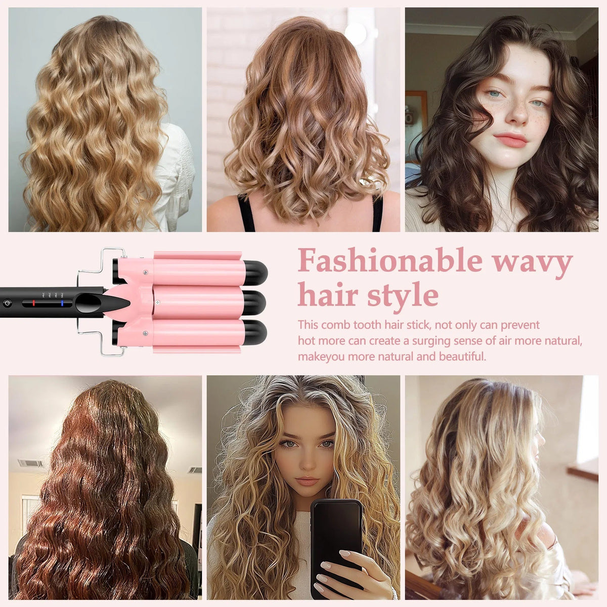 3 Barrel Curling Iron Hair Crimper, Dual Voltage Ceramic Tourmaline Three Barrels Hair Waver - 1-inch Curler Wand - Pink