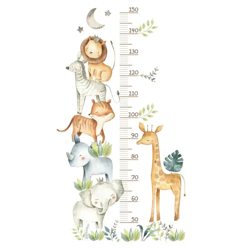 A charming watercolor-style children’s growth chart featuring a vertical ruler marked in centimeters, adorned with cute cartoon animals including lions, zebras, tigers, elephants, and giraffes.
