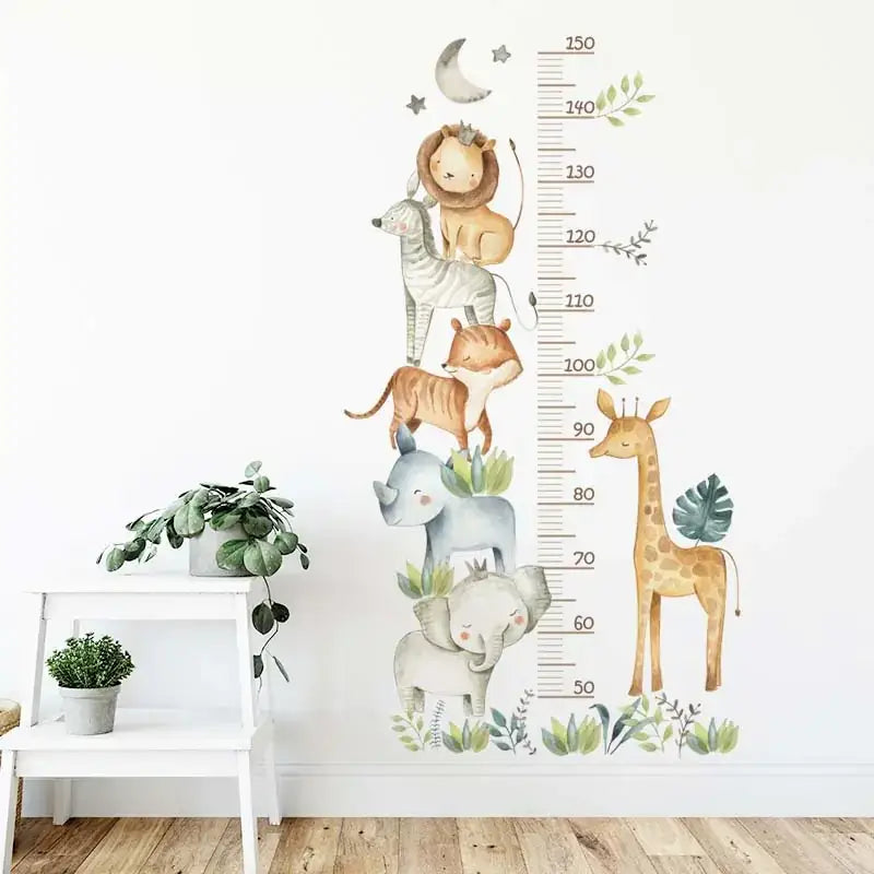 A charming watercolor-style jungle animal growth chart featuring a lion, zebra, fox, elephant, and giraffe in soft earthy tones with green foliage accents.