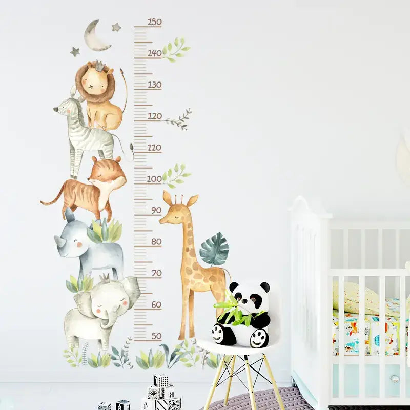 A charming, removable wall decal featuring a vertical growth chart adorned with illustrated animals like lions, zebras, tigers, elephants, giraffes, and pandas in soft earthy tones.