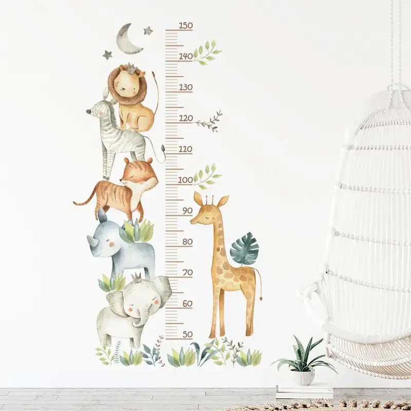 A charming watercolor-style animal growth chart featuring a lion, zebra, fox, rhino, elephant, and giraffe in soft earthy tones with green foliage accents.