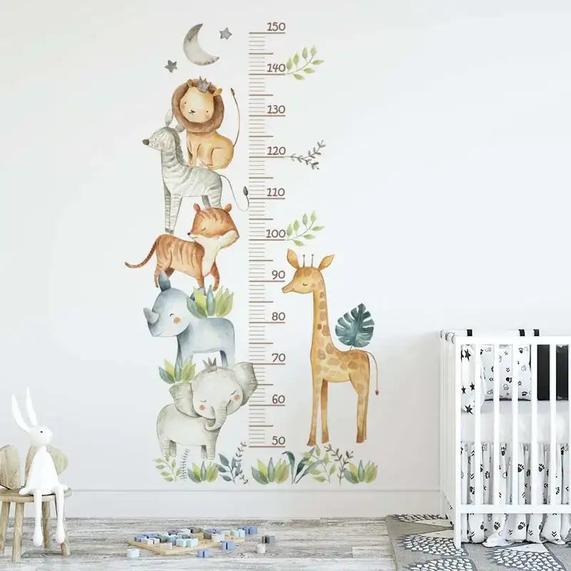 A charming watercolor-style jungle animal growth chart featuring a lion, zebra, fox, elephant, and giraffe in soft earthy tones with green foliage accents.