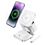 White and silver agptek wireless charging station with integrated slots for iphone, apple watch, and airpods pro.