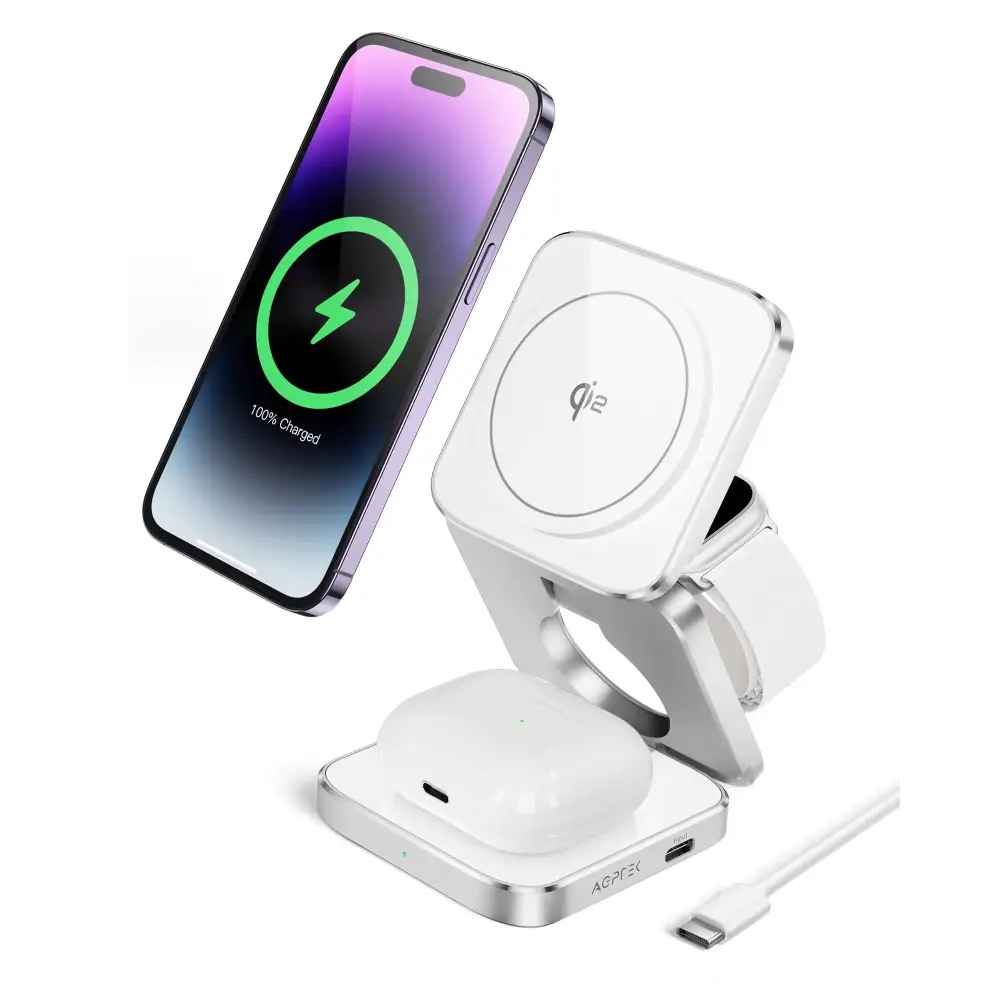 White and silver agptek wireless charging station with integrated slots for iphone, apple watch, and airpods pro.