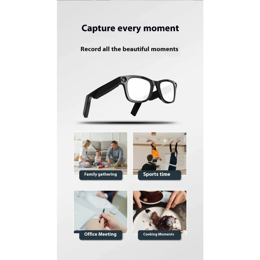 Black-framed smart glasses with integrated camera and microphone.