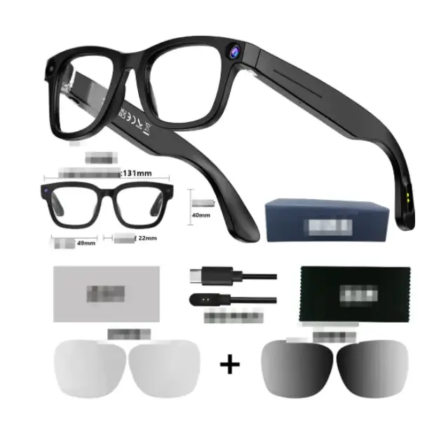 Black-framed smart glasses with a camera lens on the temple and detachable polarized sunglasses.