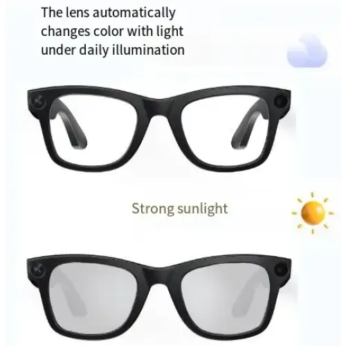 Black-framed glasses with lenses that automatically shift from clear to gray under strong sunlight.