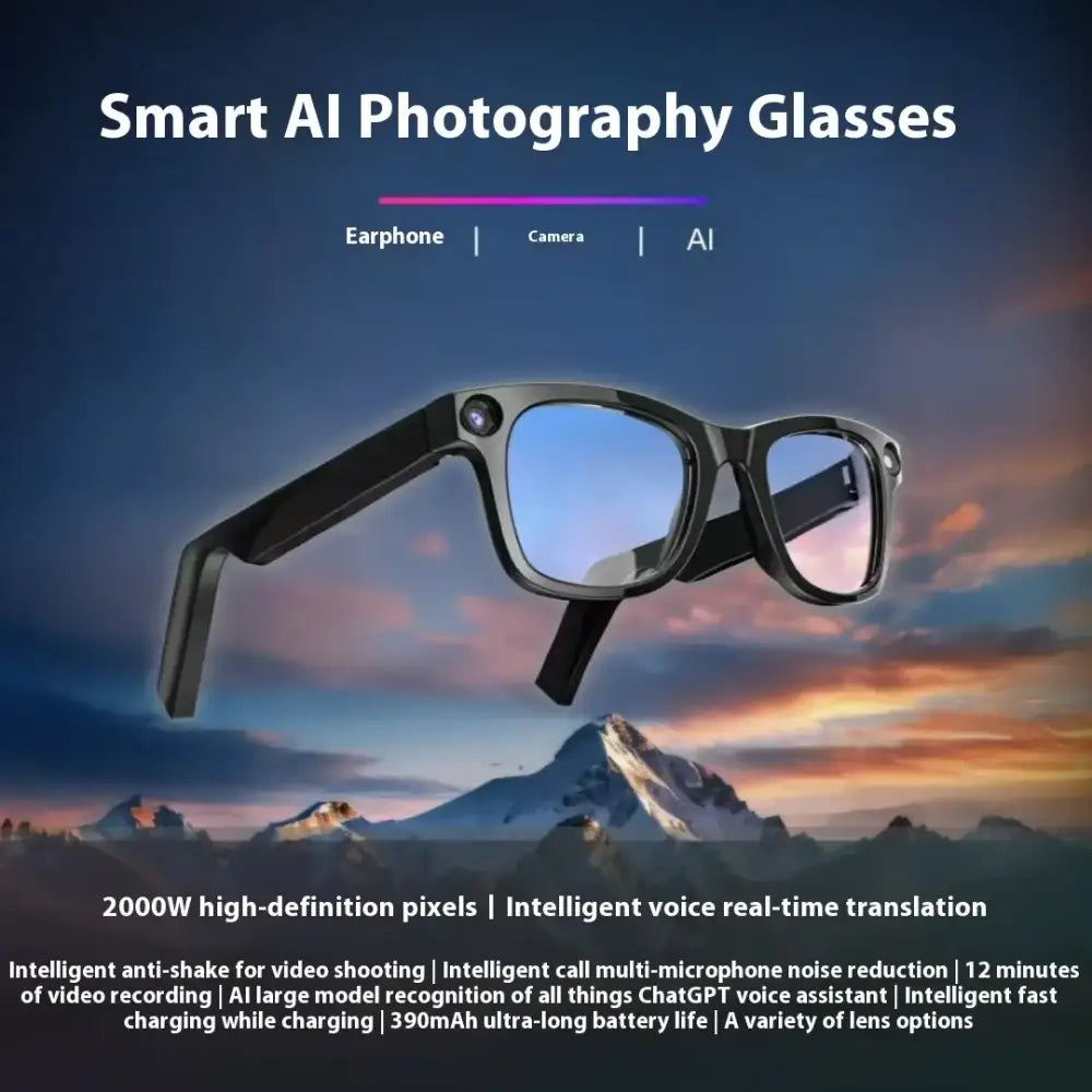 Black-framed smart ai photography glasses with integrated camera and earphone, featuring sleek rectangular lenses.