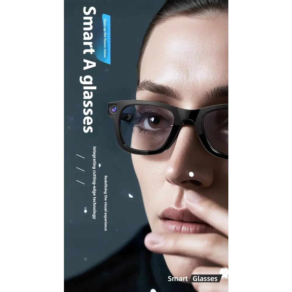 Black-framed smart glasses with a sleek, modern design and a small camera lens on the temple.