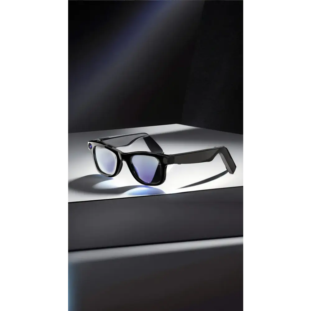 Black-framed smart glasses with sleek, modern design and reflective blue-tinted lenses.