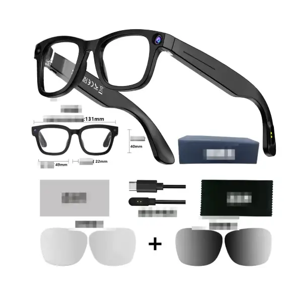 Black-framed smart glasses with a sleek, modern design and integrated camera lens on the temple.