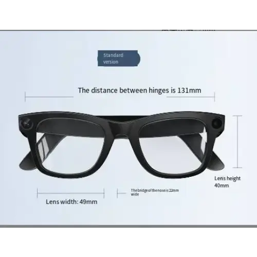Black-framed glasses with a sleek, modern design and integrated camera lenses on each temple.
