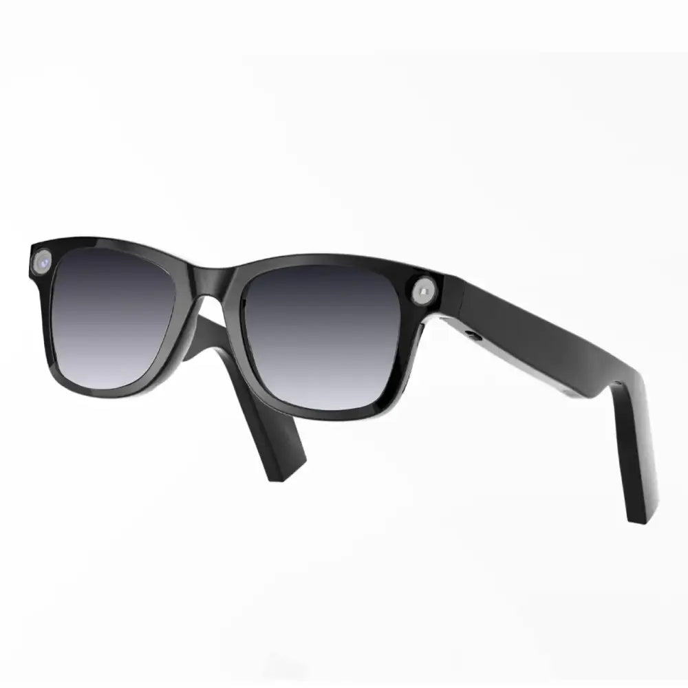 Black-framed smart sunglasses with gradient gray lenses and circular camera modules on the temples.