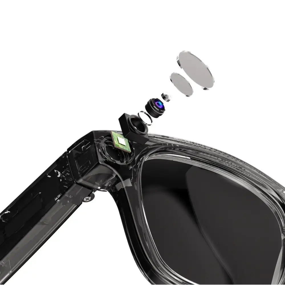 Black-framed smart sunglasses with a sleek, modern design and integrated camera module.