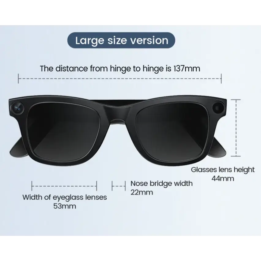 Black rectangular-framed smart glasses with integrated cameras on each temple.