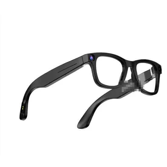 Black rectangular-framed smart glasses with a sleek, matte finish and an integrated camera lens on the temple.