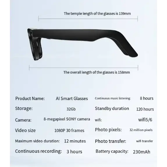 Black ai smart glasses with sleek, modern design and a 32gb storage capacity.