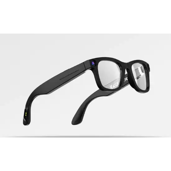 Black-framed smart glasses with sleek, modern design and subtle blue led indicator on the temple.