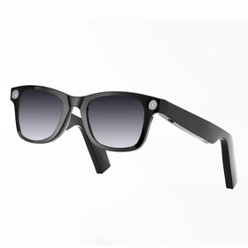 Black-framed smart sunglasses with gradient gray lenses and circular camera modules on the temples.