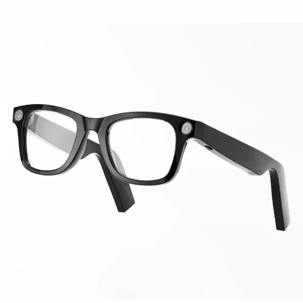 Black-framed rectangular glasses with sleek, modern design and subtle silver accents on the temples.