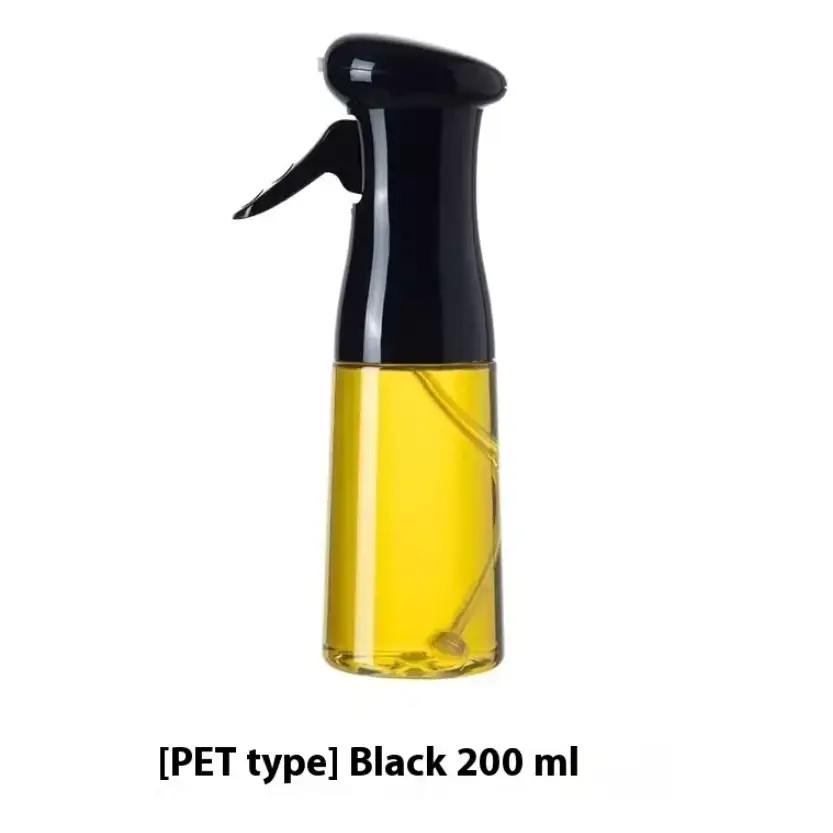 Black 200 ml pet spray bottle with a transparent body filled with golden-yellow liquid.