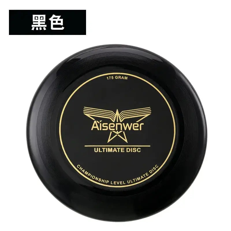 Black aisenwer ultimate disc, 175 grams, featuring a gold-embossed logo and text on its glossy surface.