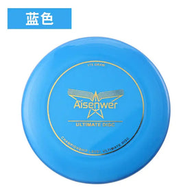 A vibrant blue aisenwer ultimate disc, featuring a gold-embossed logo and text on its smooth plastic surface.