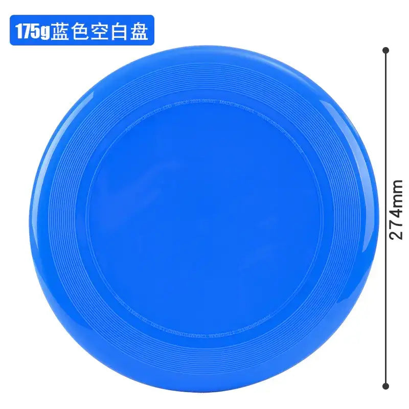 A vibrant blue plastic frisbee with concentric ridges and a glossy finish.