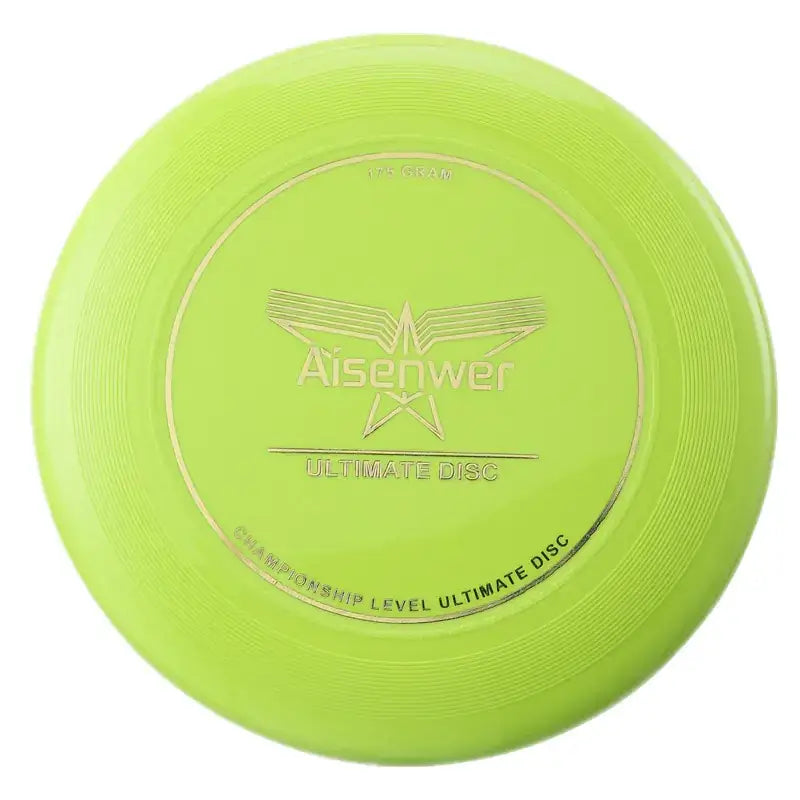 A vibrant lime green aisenwer ultimate disc, featuring a gold-embossed logo and text on its smooth plastic surface.
