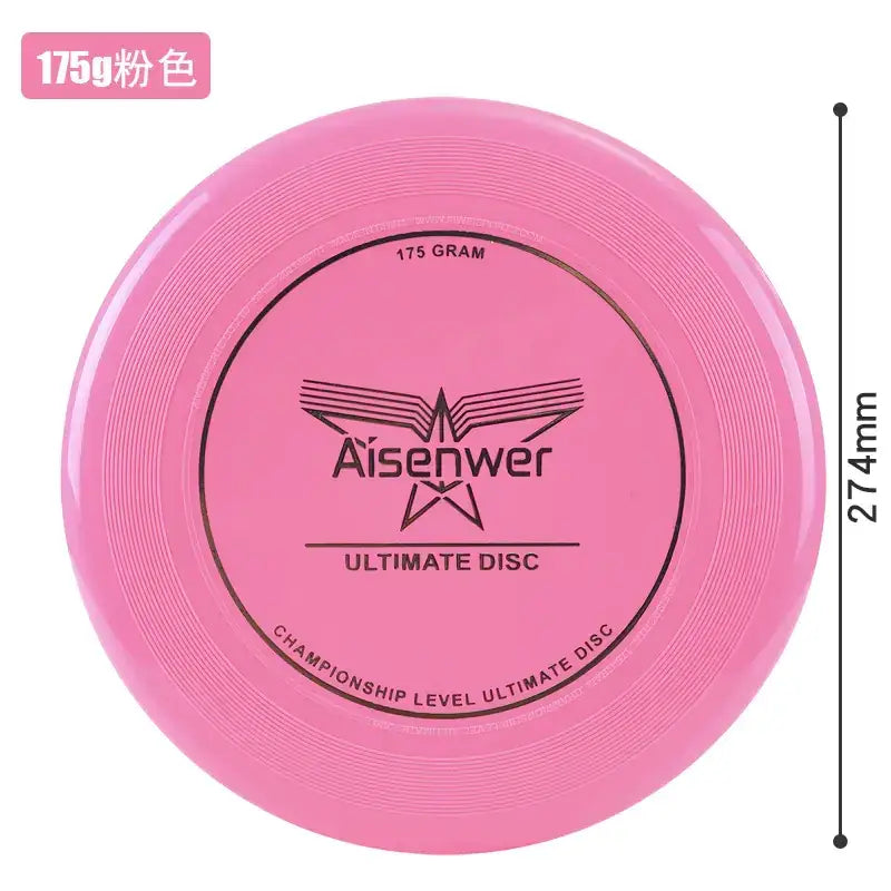 A vibrant pink aisenwer championship level ultimate disc, 175 grams and 274mm in diameter.
