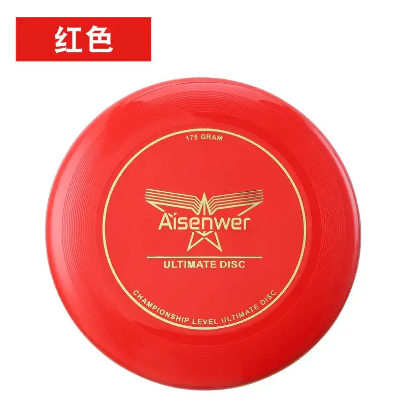 A vibrant red aisenwer ultimate disc, 175 grams and championship level, featuring a gold-embossed logo on its smooth plastic surface.
