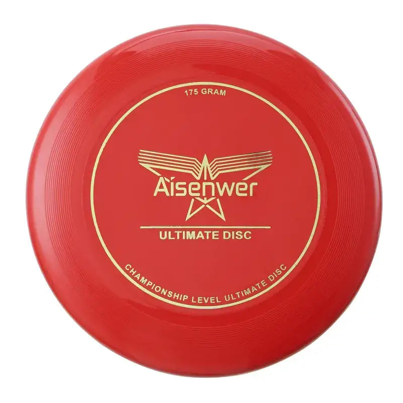 Red aisenwer ultimate disc, 175 grams, featuring gold lettering and a winged logo on its glossy plastic surface.