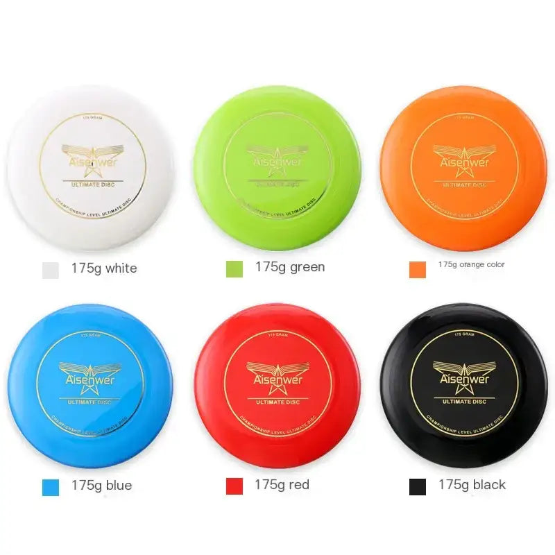 Aisenwer 175g ultimate disc in white, green, orange, blue, red, or black with a gold logo and text on the face.