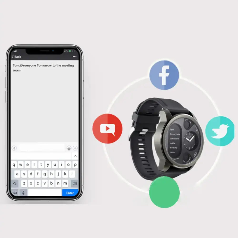 Black and silver smartwatch with a circular face displaying notifications from social media apps