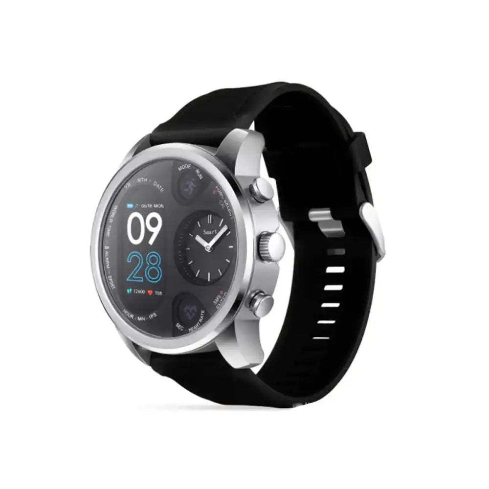 Silver-toned smartwatch with a black silicone strap and a circular digital display featuring analog-style subdials.