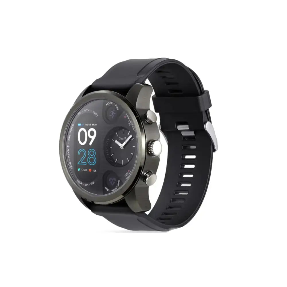 Black smartwatch with a matte-finished metal case and silicone strap, featuring a digital display showing time and fitness metrics.
