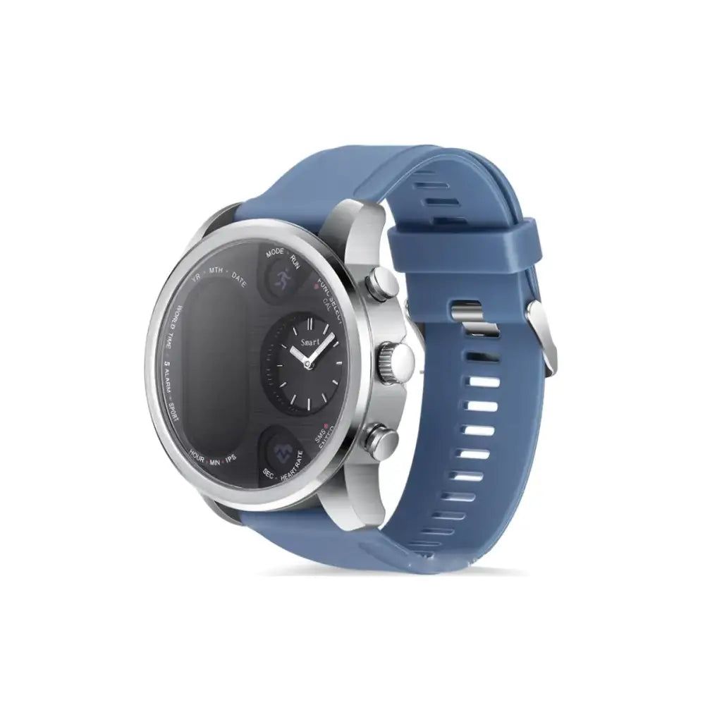 Blue silicone strap smartwatch with a silver-toned case and black dial featuring multiple display modes.