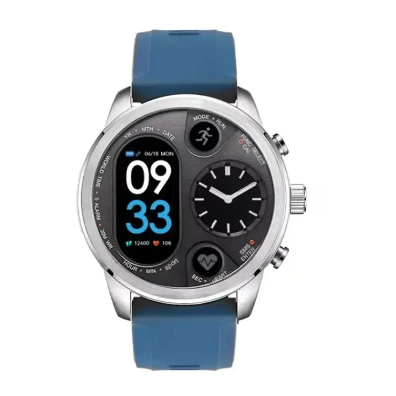 Blue silicone strap smartwatch with a silver metallic case and dual-display face showing digital time, analog clock hands, and fitness metrics.