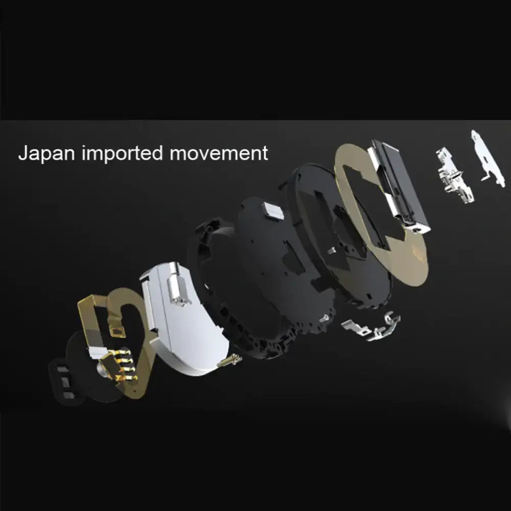 Disassembled watch movement with black, white, and gold components.