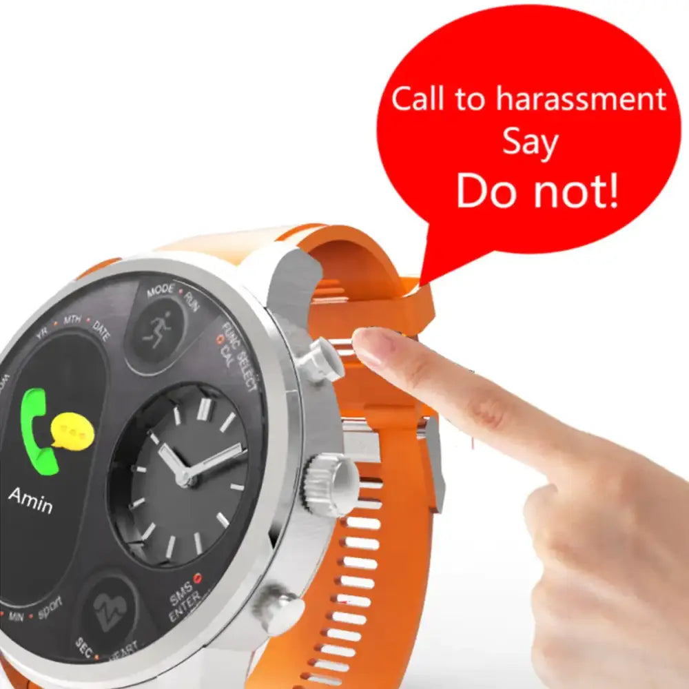 Orange silicone strap smartwatch with silver-toned case and black dial featuring analog clock face, digital display showing phone icon, and multiple function buttons.