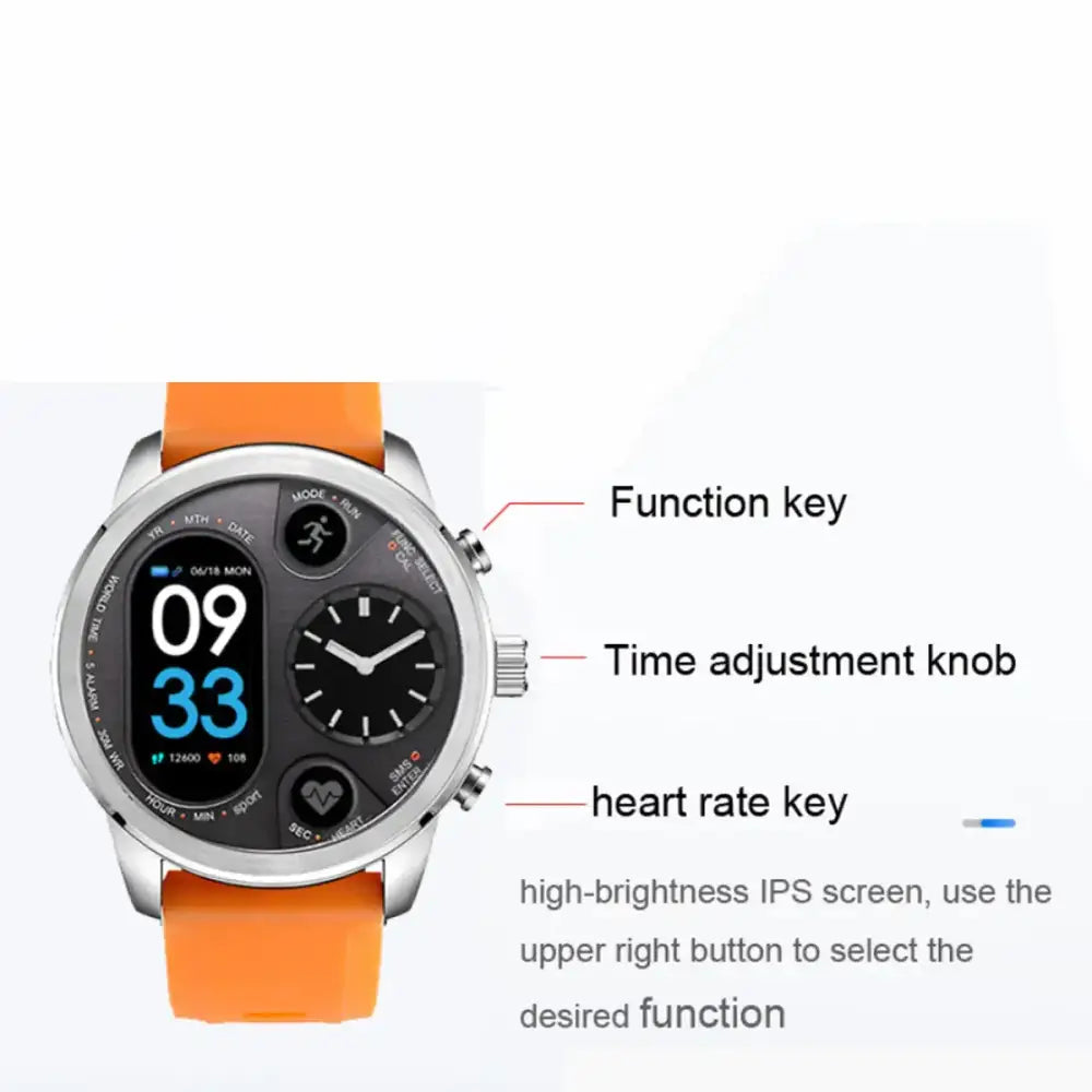 Orange silicone strap smartwatch with a silver metallic case and black digital display.