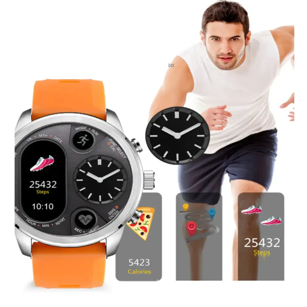 Orange silicone strap smartwatch with a silver metallic case and black digital display showing fitness metrics.