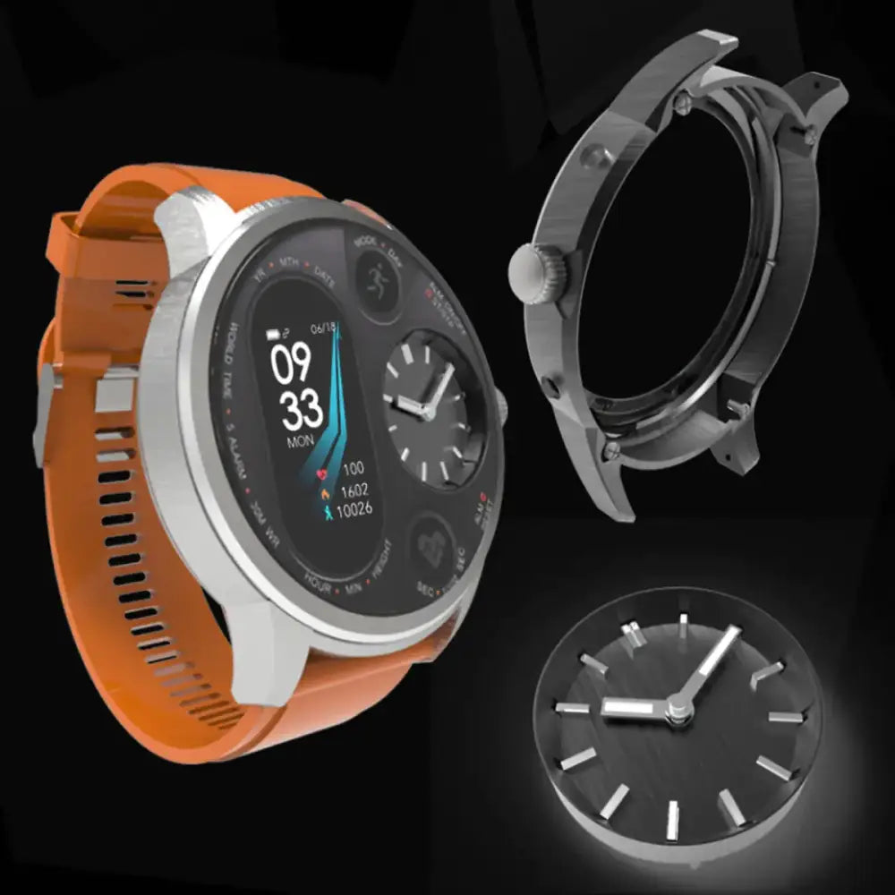 Orange silicone strap smartwatch with silver case and digital display