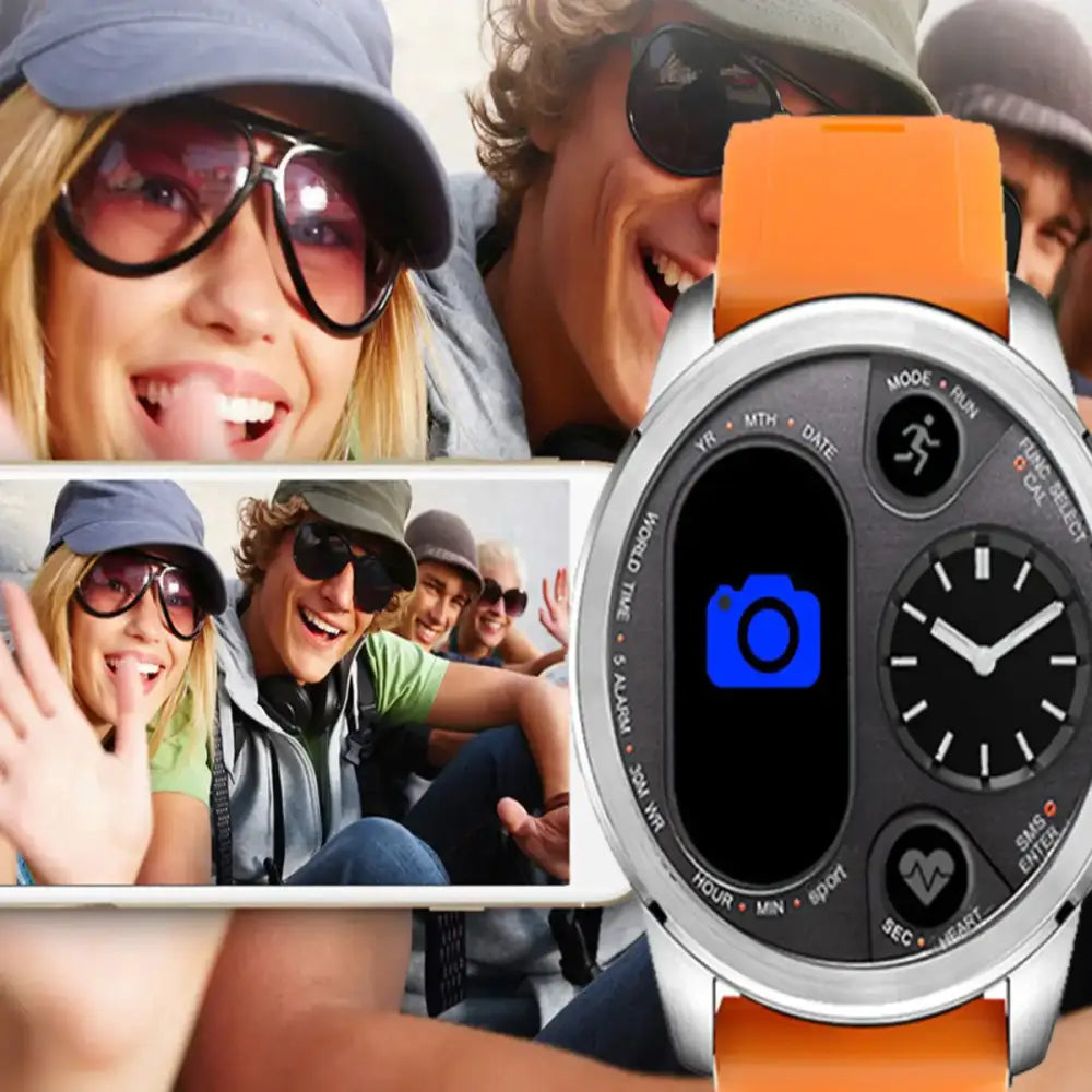 Orange silicone strap smartwatch with a silver case and dual display screen showing camera icon and analog clock face.