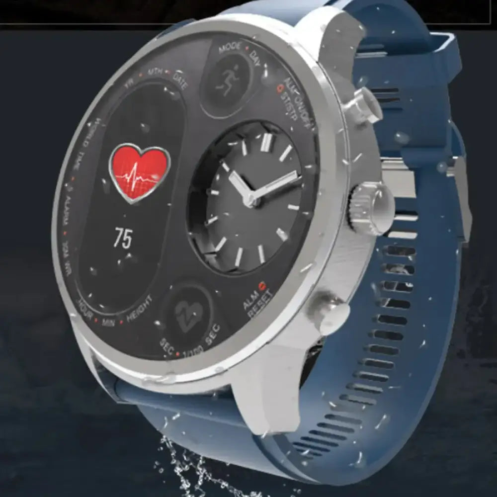 Silver-toned smartwatch with a blue silicone strap and a dual-display face showing analog time alongside digital health metrics.