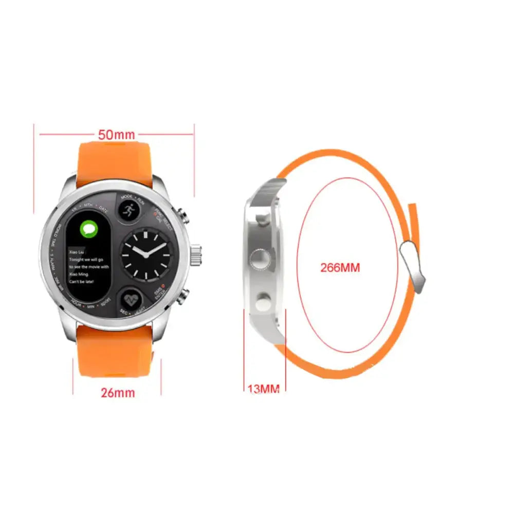 Silver-toned smartwatch with a vibrant orange silicone strap and a circular black digital display.